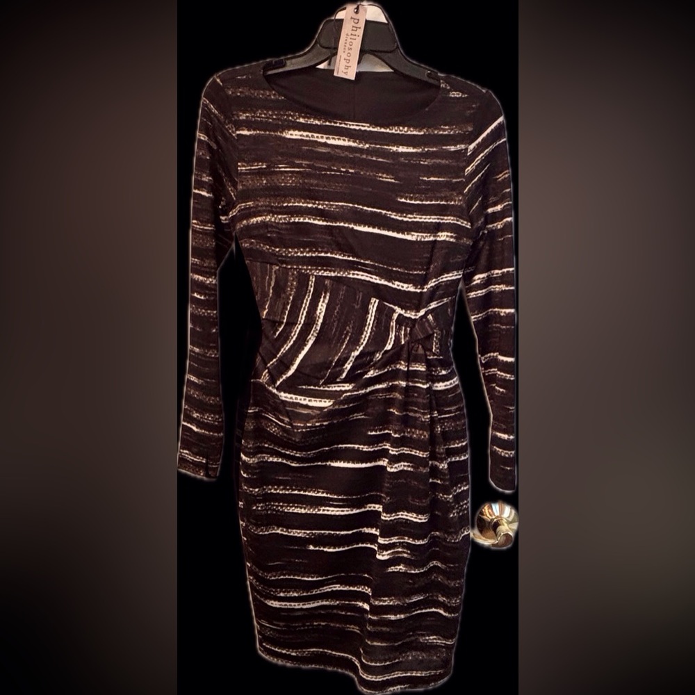 Philosophy Black, Brown & Ivory Contemporary Patterned Long-Sleeve Sheath Dress